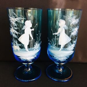 RARE 2 Mary Gregory Blue Goblets Applied Art Glass